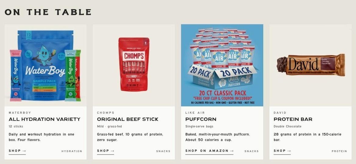 The online Chapel Shop, showing hydration, snacks and protein products