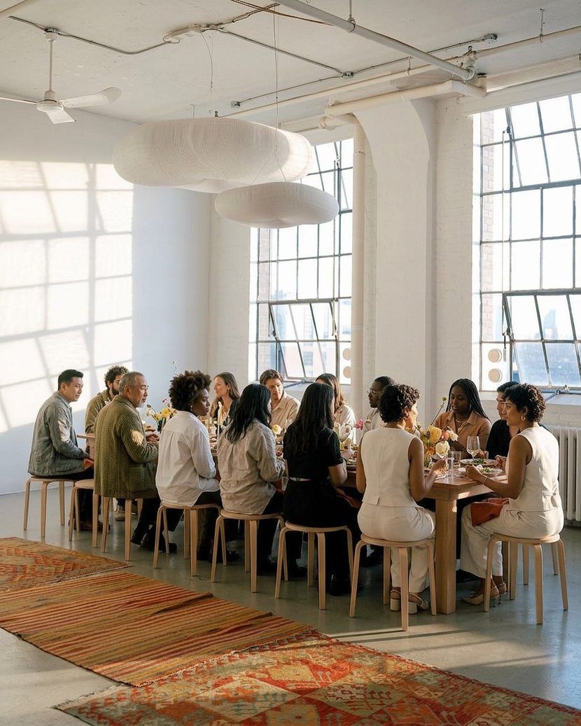People gathered around long tables in a sunlit loft